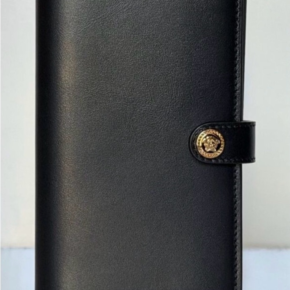 Versace Black Leather Vitello Long Wallet with Gold Snap. New in Box